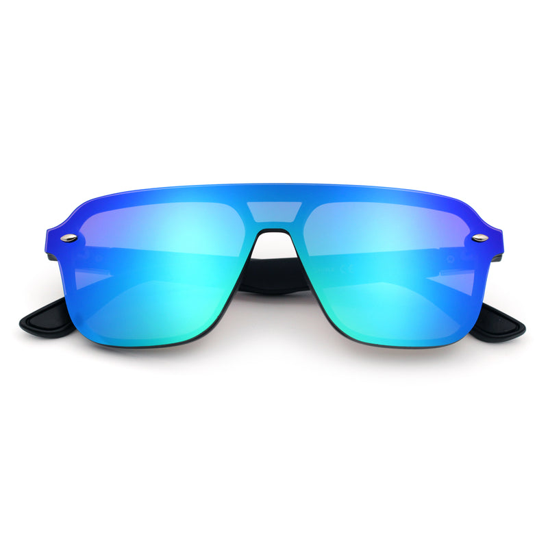 Color Mirror Shield Flat Top Racer Rimless Horn Rim Plastic Sunglasses
