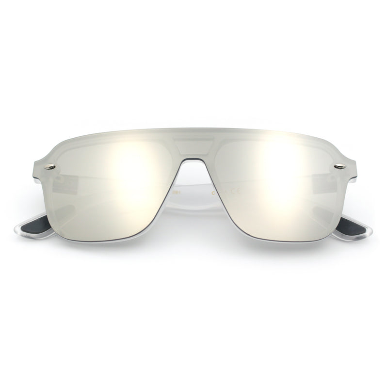 Color Mirror Shield Flat Top Racer Rimless Horn Rim Plastic Sunglasses