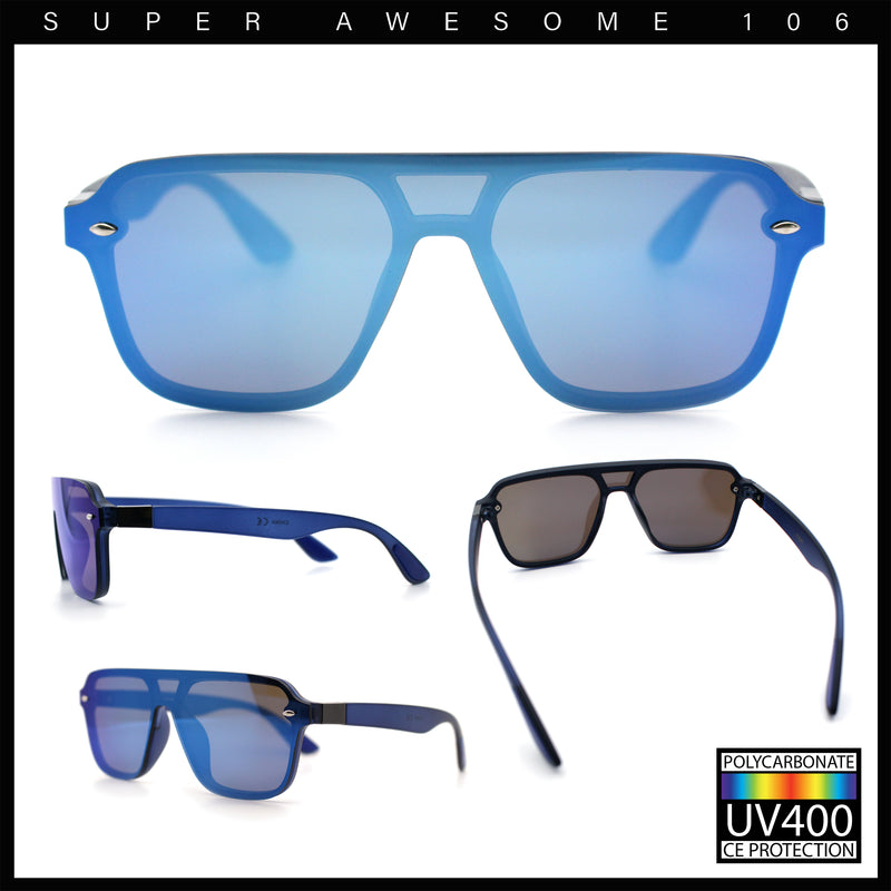 Color Mirror Shield Flat Top Racer Rimless Horn Rim Plastic Sunglasses