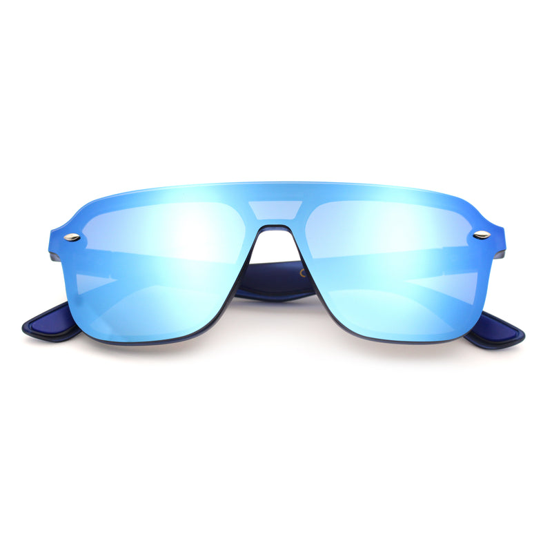 Color Mirror Shield Flat Top Racer Rimless Horn Rim Plastic Sunglasses