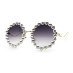 Womens Pearl Bling Round Circle Oversized Metal Rim Wave Arm Sunglasses