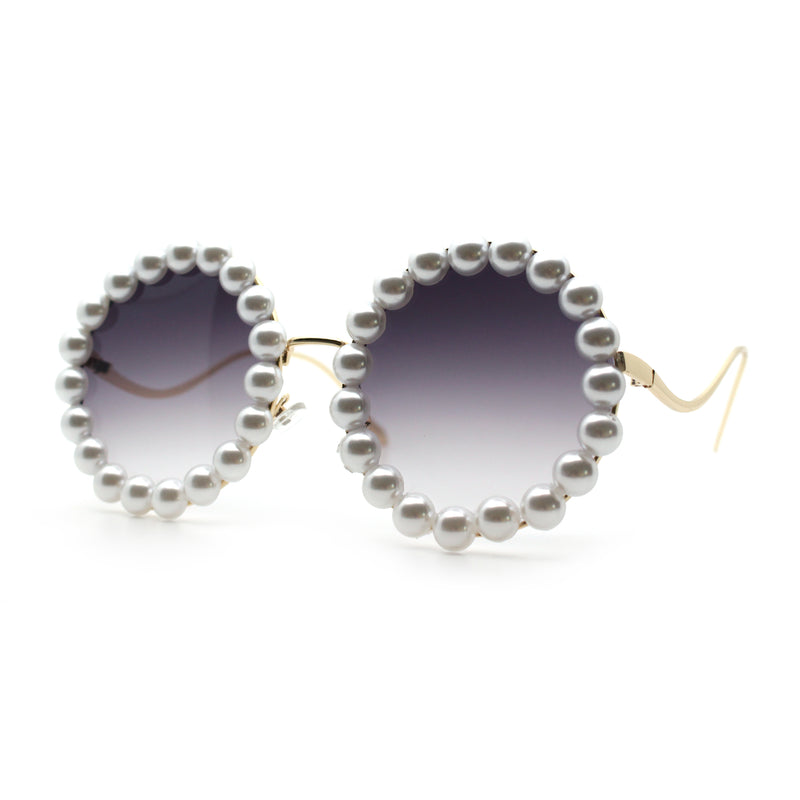 Womens Pearl Bling Round Circle Oversized Metal Rim Wave Arm Sunglasses