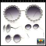 Womens Pearl Bling Round Circle Oversized Metal Rim Wave Arm Sunglasses