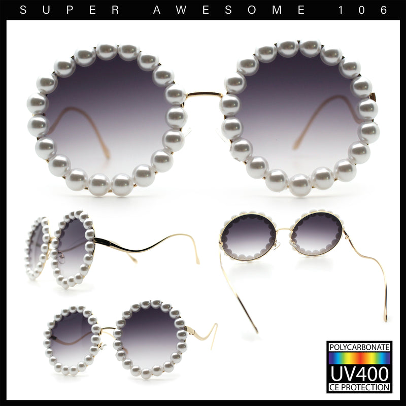 Womens Pearl Bling Round Circle Oversized Metal Rim Wave Arm Sunglasses