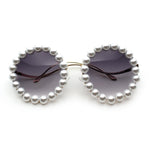 Womens Pearl Bling Round Circle Oversized Metal Rim Wave Arm Sunglasses