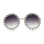 Womens Pearl Bling Round Circle Oversized Metal Rim Wave Arm Sunglasses