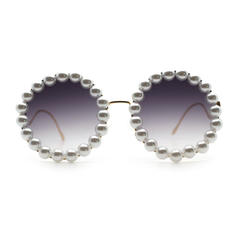 Womens Pearl Bling Round Circle Oversized Metal Rim Wave Arm Sunglasses