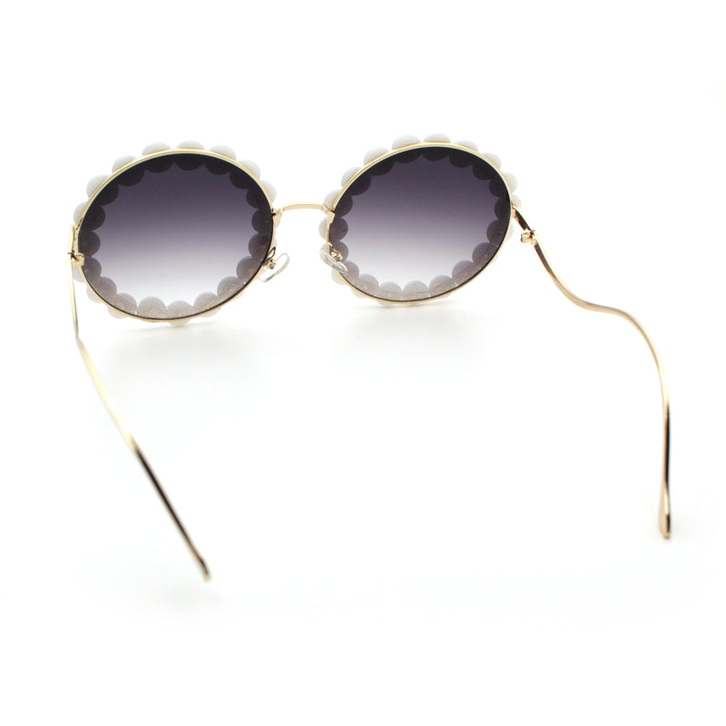 Womens Pearl Bling Round Circle Oversized Metal Rim Wave Arm Sunglasses