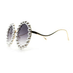 Womens Pearl Bling Round Circle Oversized Metal Rim Wave Arm Sunglasses