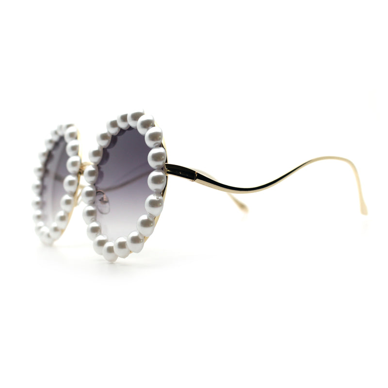 Womens Pearl Bling Round Circle Oversized Metal Rim Wave Arm Sunglasses