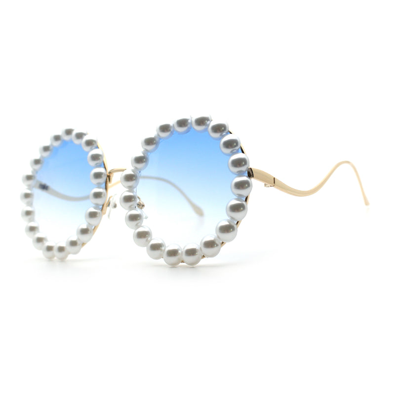 Womens Pearl Bling Round Circle Oversized Metal Rim Wave Arm Sunglasses