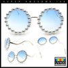 Womens Pearl Bling Round Circle Oversized Metal Rim Wave Arm Sunglasses