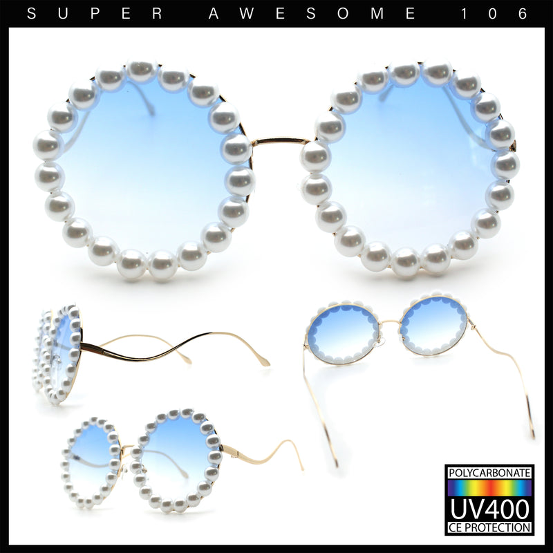 Womens Pearl Bling Round Circle Oversized Metal Rim Wave Arm Sunglasses
