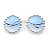 Womens Pearl Bling Round Circle Oversized Metal Rim Wave Arm Sunglasses