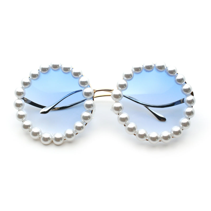 Womens Pearl Bling Round Circle Oversized Metal Rim Wave Arm Sunglasses
