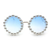 Womens Pearl Bling Round Circle Oversized Metal Rim Wave Arm Sunglasses