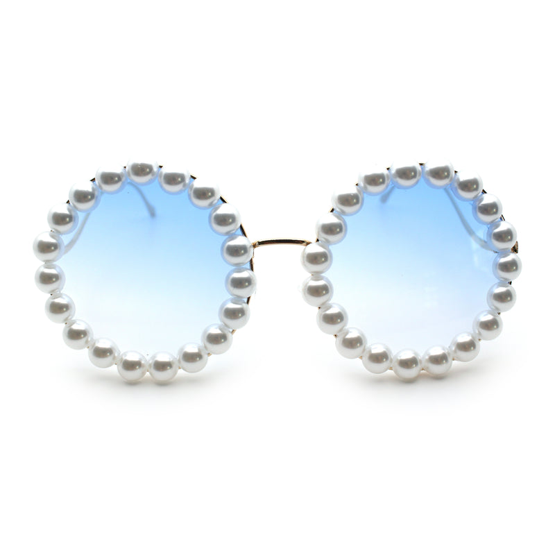 Womens Pearl Bling Round Circle Oversized Metal Rim Wave Arm Sunglasses