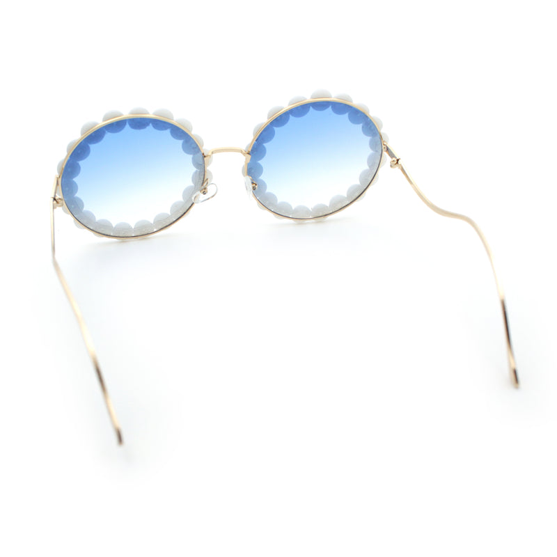 Womens Pearl Bling Round Circle Oversized Metal Rim Wave Arm Sunglasses