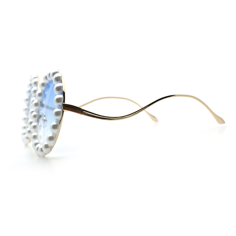 Womens Pearl Bling Round Circle Oversized Metal Rim Wave Arm Sunglasses