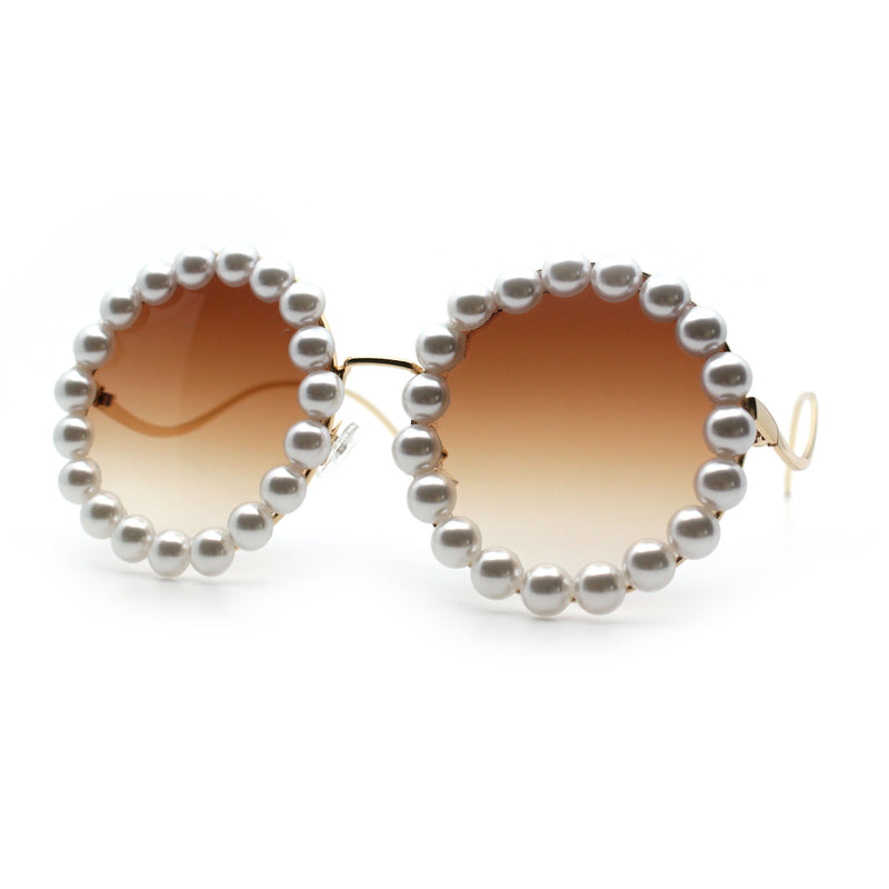 Womens Pearl Bling Round Circle Oversized Metal Rim Wave Arm Sunglasses