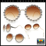 Womens Pearl Bling Round Circle Oversized Metal Rim Wave Arm Sunglasses