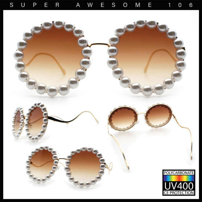 Womens Pearl Bling Round Circle Oversized Metal Rim Wave Arm Sunglasses