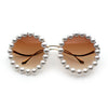 Womens Pearl Bling Round Circle Oversized Metal Rim Wave Arm Sunglasses