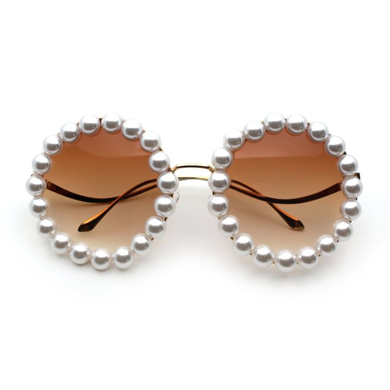 Womens Pearl Bling Round Circle Oversized Metal Rim Wave Arm Sunglasses