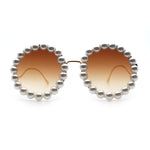 Womens Pearl Bling Round Circle Oversized Metal Rim Wave Arm Sunglasses
