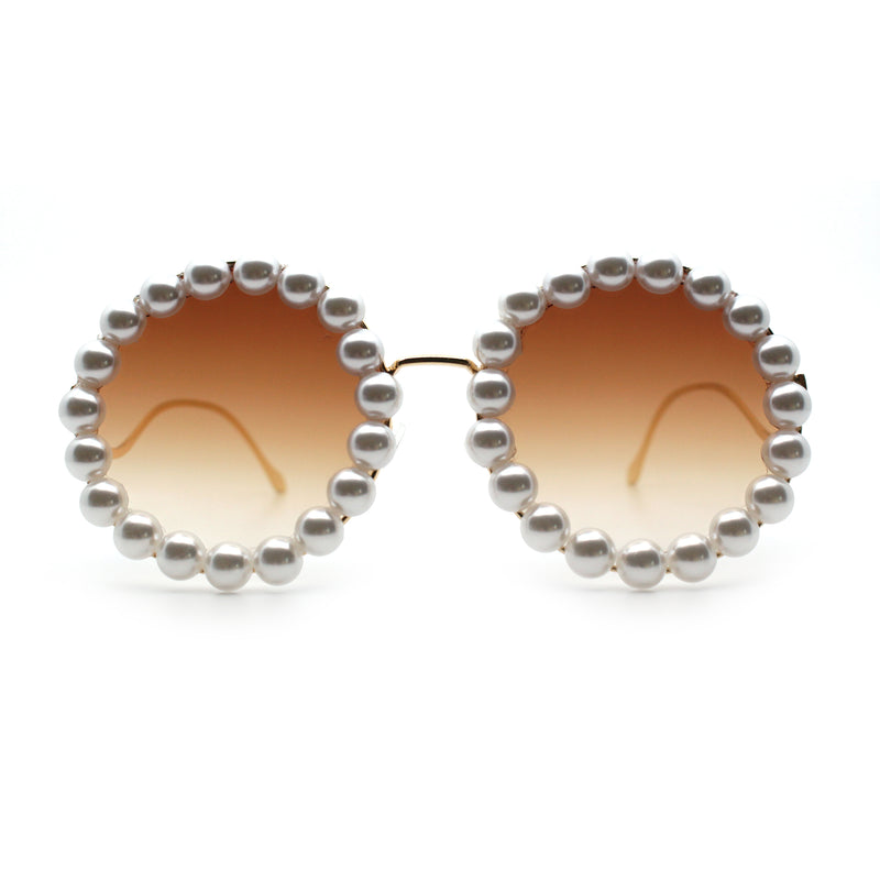 Womens Pearl Bling Round Circle Oversized Metal Rim Wave Arm Sunglasses