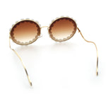 Womens Pearl Bling Round Circle Oversized Metal Rim Wave Arm Sunglasses