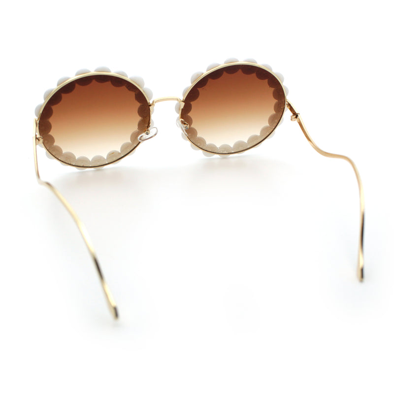 Womens Pearl Bling Round Circle Oversized Metal Rim Wave Arm Sunglasses