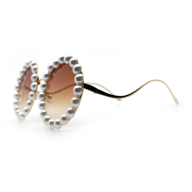 Womens Pearl Bling Round Circle Oversized Metal Rim Wave Arm Sunglasses
