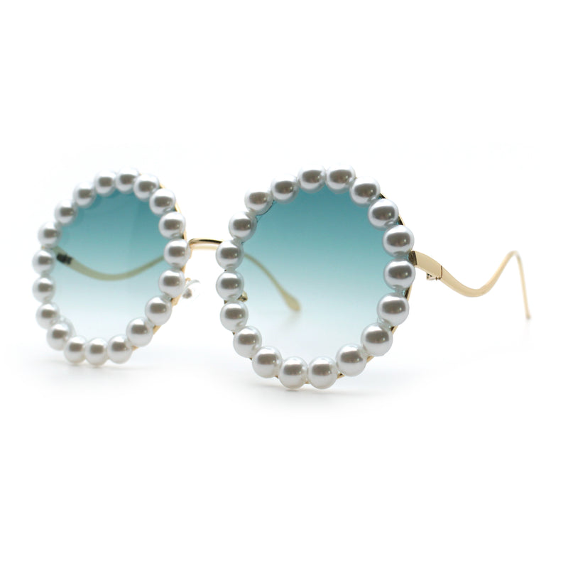 Womens Pearl Bling Round Circle Oversized Metal Rim Wave Arm Sunglasses