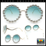 Womens Pearl Bling Round Circle Oversized Metal Rim Wave Arm Sunglasses