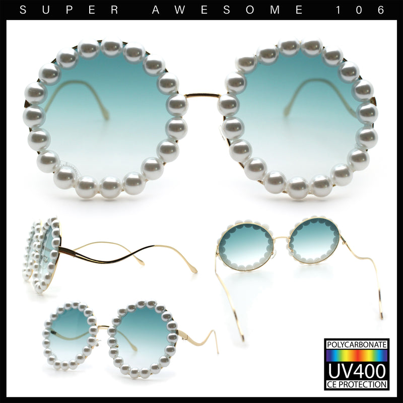 Womens Pearl Bling Round Circle Oversized Metal Rim Wave Arm Sunglasses