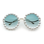 Womens Pearl Bling Round Circle Oversized Metal Rim Wave Arm Sunglasses