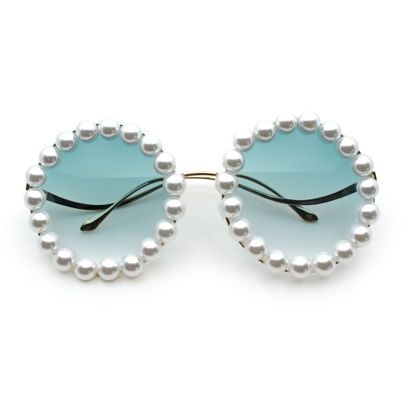 Womens Pearl Bling Round Circle Oversized Metal Rim Wave Arm Sunglasses