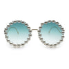 Womens Pearl Bling Round Circle Oversized Metal Rim Wave Arm Sunglasses