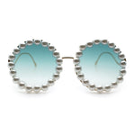 Womens Pearl Bling Round Circle Oversized Metal Rim Wave Arm Sunglasses