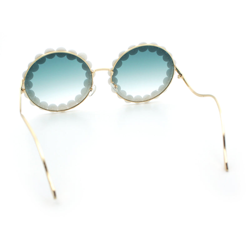 Womens Pearl Bling Round Circle Oversized Metal Rim Wave Arm Sunglasses