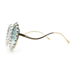 Womens Pearl Bling Round Circle Oversized Metal Rim Wave Arm Sunglasses
