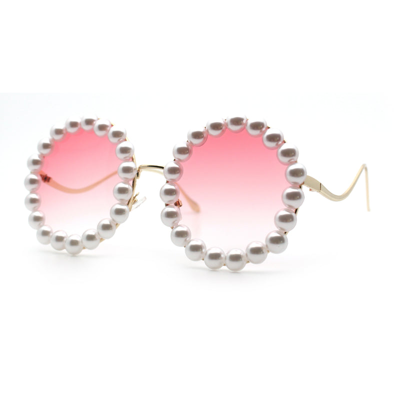 Womens Pearl Bling Round Circle Oversized Metal Rim Wave Arm Sunglasses
