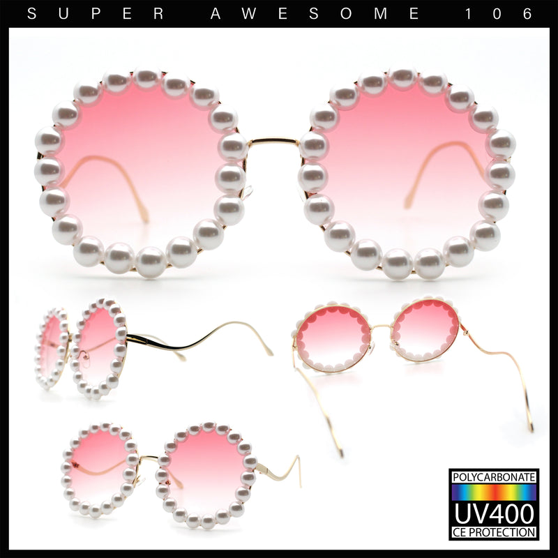Womens Pearl Bling Round Circle Oversized Metal Rim Wave Arm Sunglasses