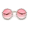 Womens Pearl Bling Round Circle Oversized Metal Rim Wave Arm Sunglasses