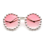 Womens Pearl Bling Round Circle Oversized Metal Rim Wave Arm Sunglasses