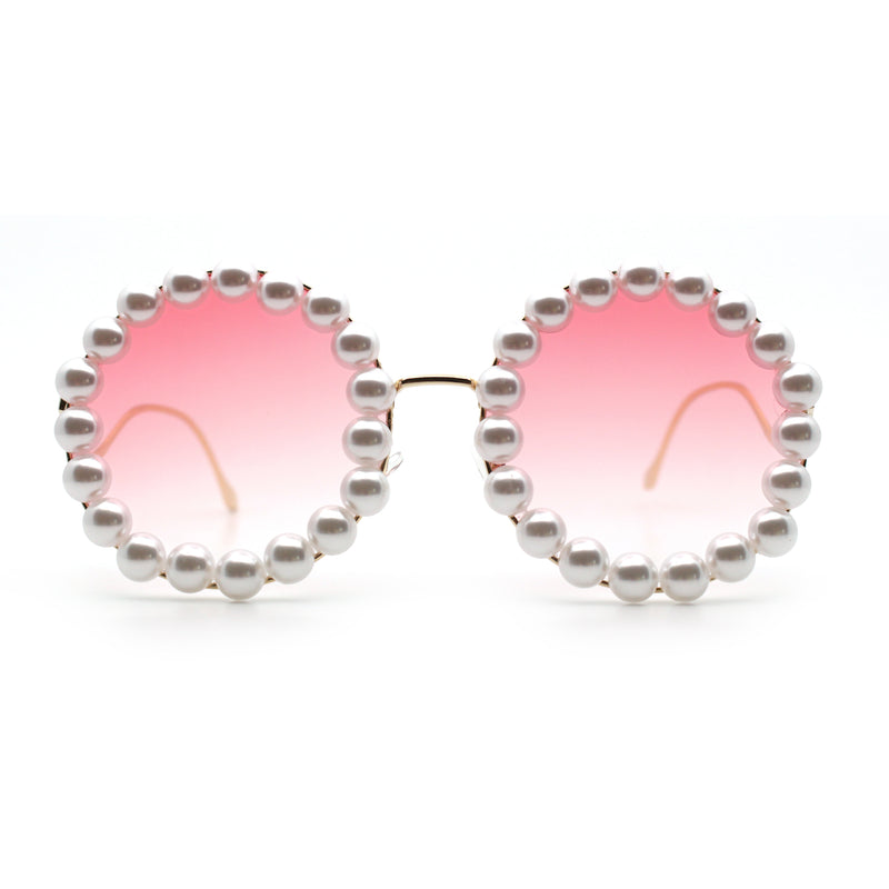 Womens Pearl Bling Round Circle Oversized Metal Rim Wave Arm Sunglasses