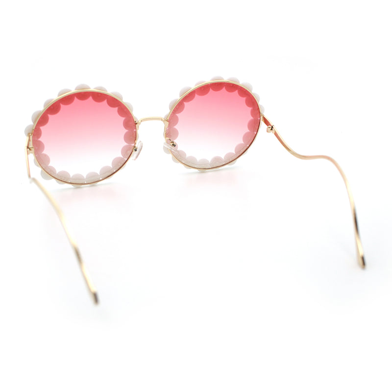 Womens Pearl Bling Round Circle Oversized Metal Rim Wave Arm Sunglasses