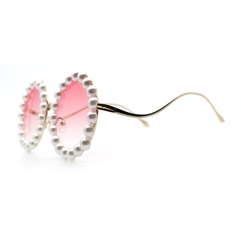 Womens Pearl Bling Round Circle Oversized Metal Rim Wave Arm Sunglasses
