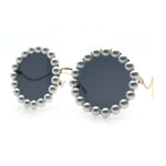 Womens Pearl Bling Round Circle Oversized Metal Rim Wave Arm Sunglasses